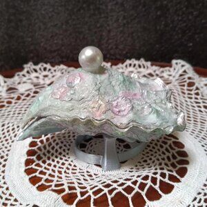 Oyster Footed Ring Box, Small Pale Blue Shell & Pink Floral Decoupage, Handmade